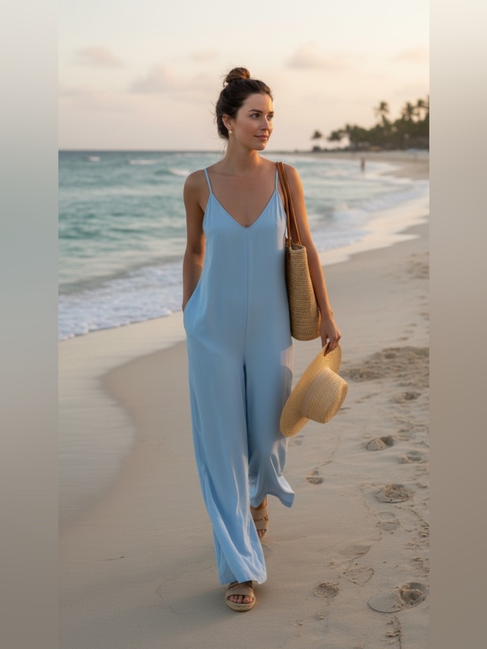 Athleta Women's Size XL Romper Wide Leg Jumpsuit light blue Cupro